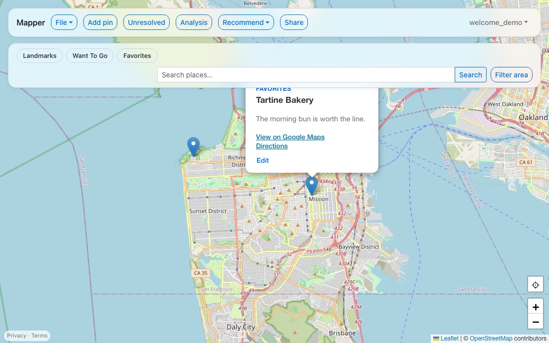 Mapper's map view, showing several pins on an interactive map with category filters